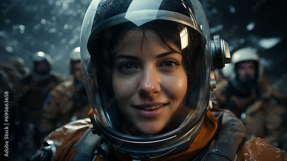 Woman Astronaut with short haircut taking a selfie on the moon. Night and you can see stars. Hyper realistic imagine. Woman Astronaut with short haircut taking a selfie on the moon. Night and you can see stars. Hyper realistic imagine.