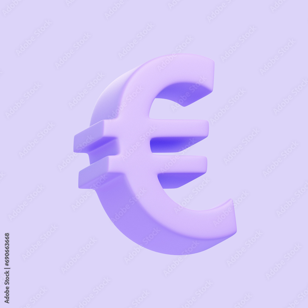 Obraz premium Purple euro sign isolated on purple background. 3D icon, sign and symbol. Cartoon minimal style. 3D Render Illustration