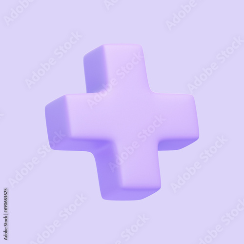 Purple plus sign isolated on purple background. 3D icon, sign and symbol. Cartoon minimal style. 3D Render Illustration