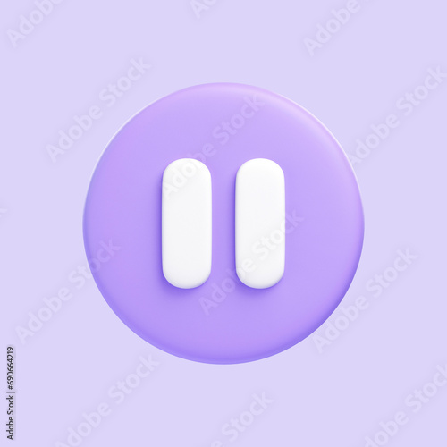 Purple round pause button isolated on purple background. 3D icon, sign and symbol. Cartoon minimal style. Front view. 3D Render Illustration