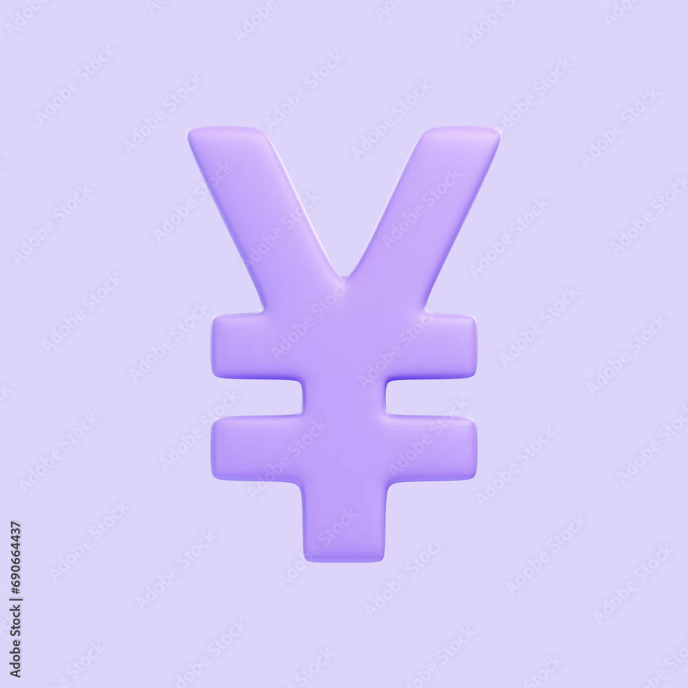 Obraz premium Purple yen sign isolated on purple background. 3D icon, sign and symbol. Cartoon minimal style. Front view. 3D Render Illustration