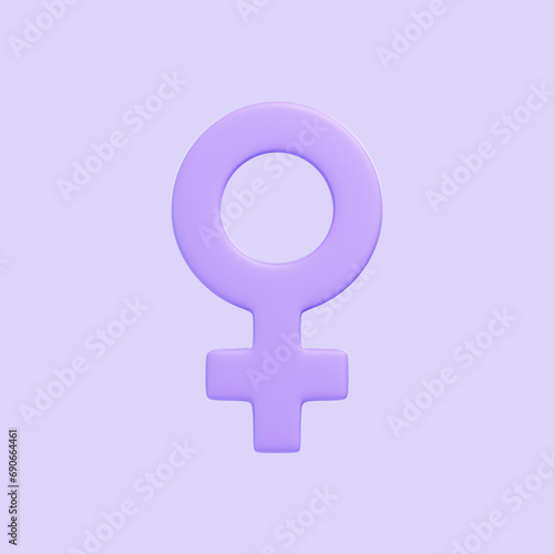 Purple woman symbol isolated on purple background. 3D icon, sign and symbol. Cartoon minimal style. Front view. 3D Render Illustration