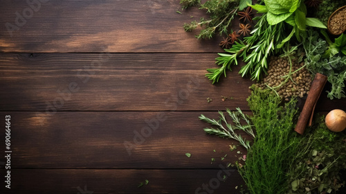 copy space, stockphoto, topview of herbs presented on table. Fresh herbs on a wooden surface. Poster for kitchen, restaurant. Healthy food. Spices.