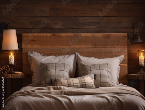 Close-up of a bed in a rustic bedroom made of rough wood