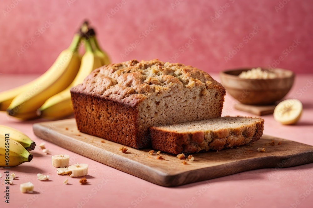 Banana bread on the table on pink background, Banana muffin, Banana cake with nuts, bread made with banana, muffin with banana, Banana cake with chocolate and nuts, Banana cake with raisins
