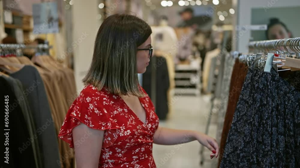 Fashion passion! beautiful hispanic woman with glasses choosing chic clothes in a retail store. portrait of a young, brunette shopper shopping at a boutique in the mall. Fashion passion! beautiful hispanic woman with glasses choosing chic clothes in a retail store. portrait of a young, brunette shopper shopping at a boutique in the mall.