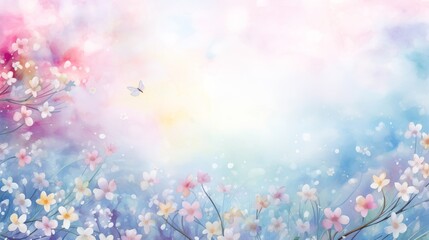 Magic pastel water color painted tender Easter spring flowers shimmering copyspace festive holiday background