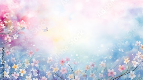 Magic pastel water color painted tender Easter spring flowers shimmering copyspace festive holiday background