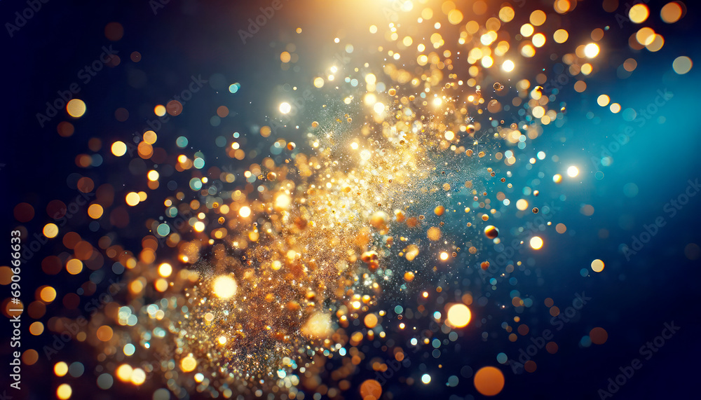 Explosion of golden glitter with bokeh lights creating a luxurious effect. Generative AI