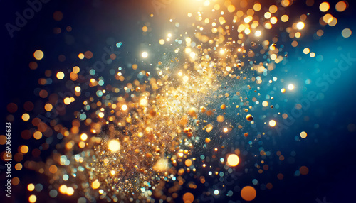 Explosion of golden glitter with bokeh lights creating a luxurious effect. Generative AI