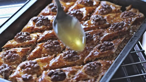 Baklava with honey sauce. Traditional Arabic dessert