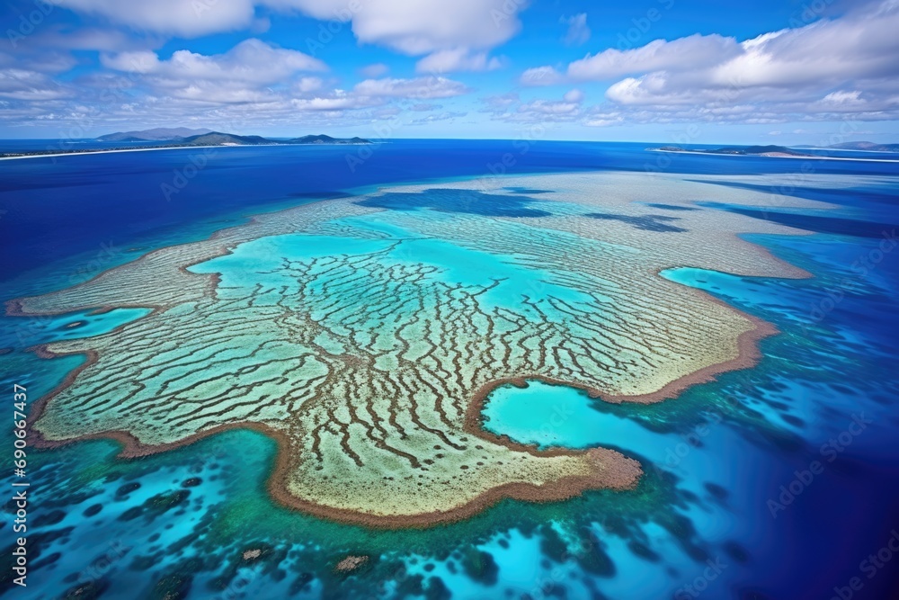 Aerial Photo of Great Barrier Reef Archipelago in Australia: Stunning Coastline, Grooved Coral Reefs, and Cay at Atoll's Heart Aerial Photo of Great Barrier Reef Archipelago in Australia: Stunning Coastline, Grooved Coral Reefs, and Cay at Atoll's Heart