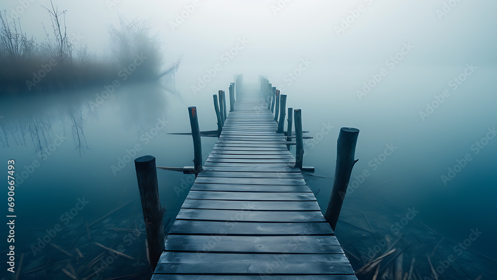 The wooden bridge in the lake in spring with a blue lake. The wooden bridge in the lake in spring with a blue lake.