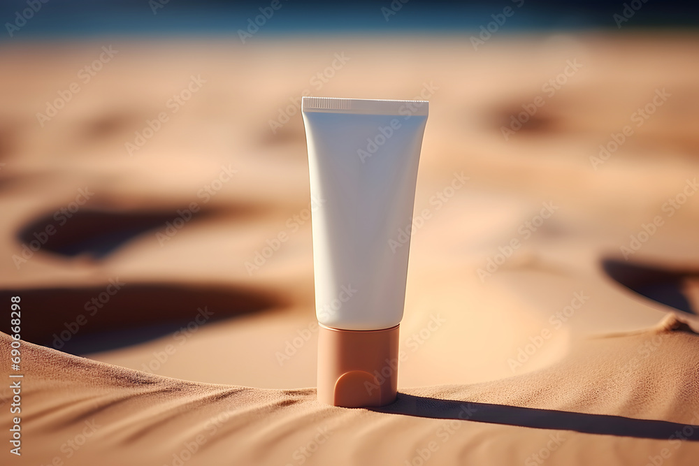Tube of cosmetic skin care product on the background of sand Tube of cosmetic skin care product on the background of sand