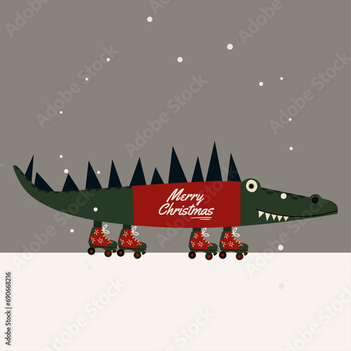 Flat Design Merry Christmas illustration with Crocodile Wearing a Merry Christmas Sweater and Roller Skates	