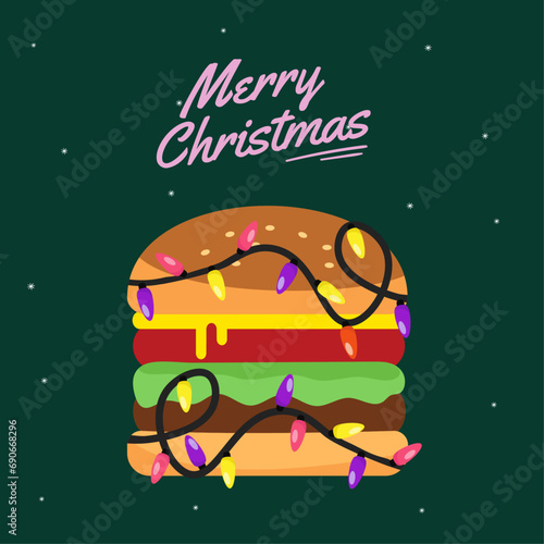 Flat Design Illustration with Hamburger and Christmas Lights