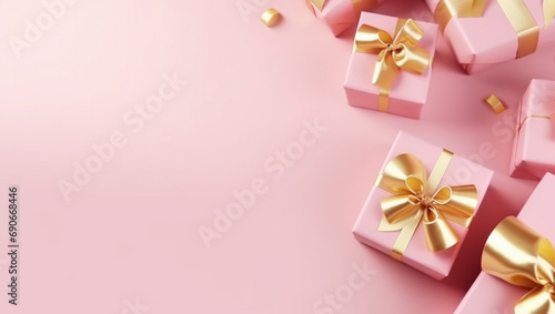 Gifts on pink background with gold ribbon. New Year's gifts or birthday gifts. © Pavel