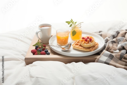 Breakfast in bed isolated on white background 