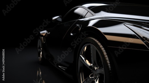 Black sports car. Generic brandless black car with reflection, different close up shots. copy space.