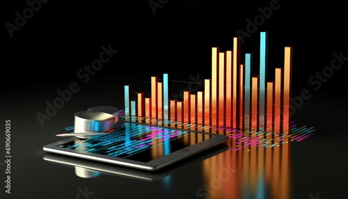 bar graph, tablet and report paper isolated on black, Tablet PC with Stock Chart on 3D Rendered Screen, Steady Revenue Growth