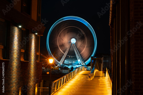 02.02.2023; evening embankment Ferris wheel Gdansk Poland