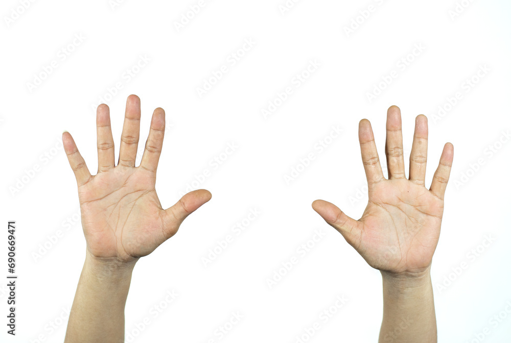 two raised men's hands isolated on white background two raised men's hands isolated on white background