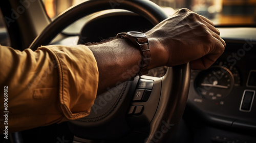 A male cab driver has his hand on the wheel, cab day, generative AI © Tetiana Romaniuk