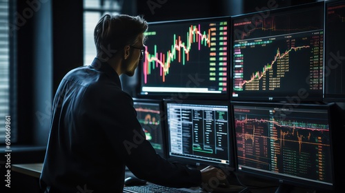 Finance trade manager analyzing stock market indicators for best investment strategy, financial data and charts. Generative AI