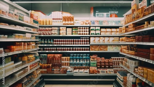 Many different products on supermarket shelfs. Grocery store aisle. Lots of food goods at market. Fresh meals buying at hypermarket. No people. Retail sale. Merchandise assortment. People buy stuff. photo