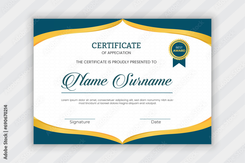 Certificate of appreciation template, gold and blue color. Clean modern certificate with gold badge. Certificate border template with luxury and modern line pattern . 