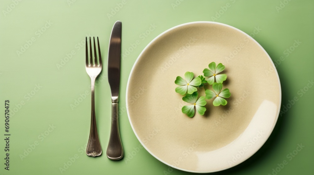 Cutlery with green leaves on the table. Cutlery with green leaves on the table.