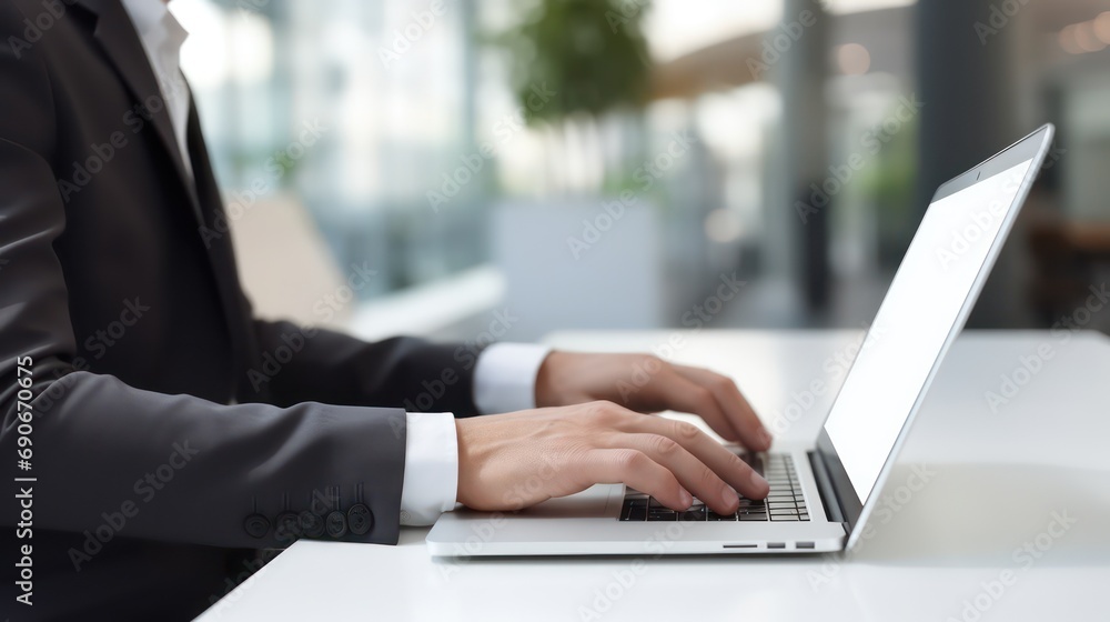 Young businessman hand typing on laptop computer while working in white modern office room, closeup. Generative AI Young businessman hand typing on laptop computer while working in white modern office room, closeup. Generative AI