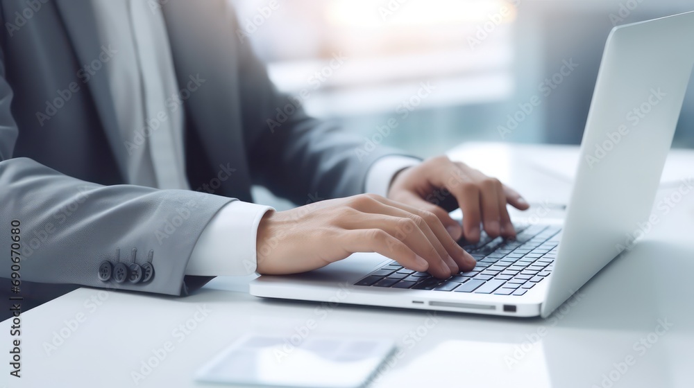 Young businessman hand typing on laptop computer while working in white modern office room, closeup. Generative AI Young businessman hand typing on laptop computer while working in white modern office room, closeup. Generative AI