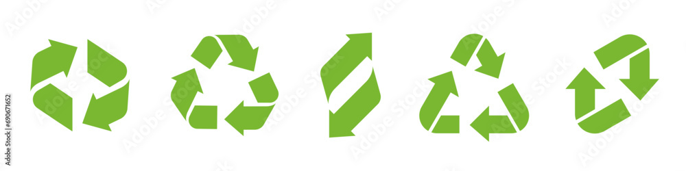 Recycle vector icon set. Reuse cycle symbol. Recycle eco green arrows, heart and leaf. Rounded angles. Recycled signs isolated on white background. Recycle vector icon set. Reuse cycle symbol. Recycle eco green arrows, heart and leaf. Rounded angles. Recycled signs isolated on white background.
