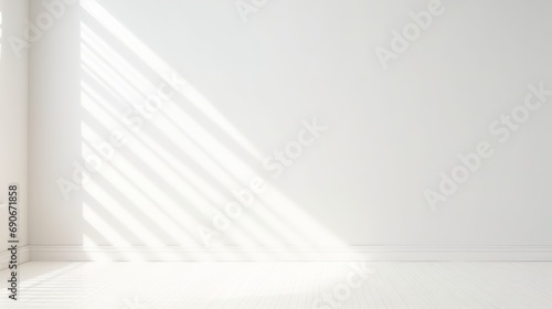 Realistic and minimalist blurred natural light windows, shadow overlay on wall paper texture, abstract background. Minimal abstract light white background for product presentation, generative AI