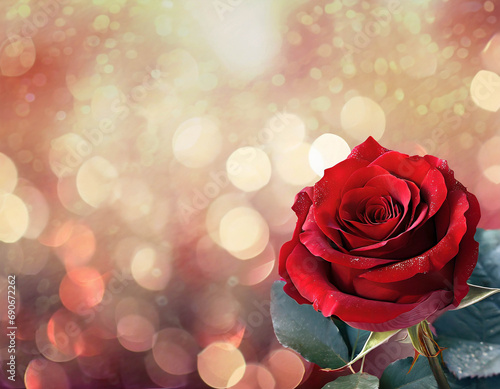 Red rose  bokeh light background with copy space  magic whimsical mood theme