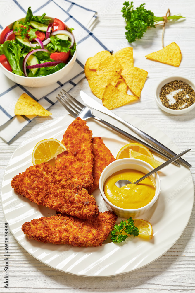 breaded fish fillet on plate with salad in bowl breaded fish fillet on plate with salad in bowl