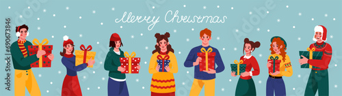 Christmas gifts. People give present box, happy man and woman together, characters exchange of stacks, happy persons. Winter holidays celebration. Vector tidy cartoon flat isolated xmas illustration