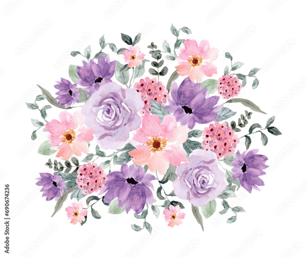 purple pink floral watercolor bouquet