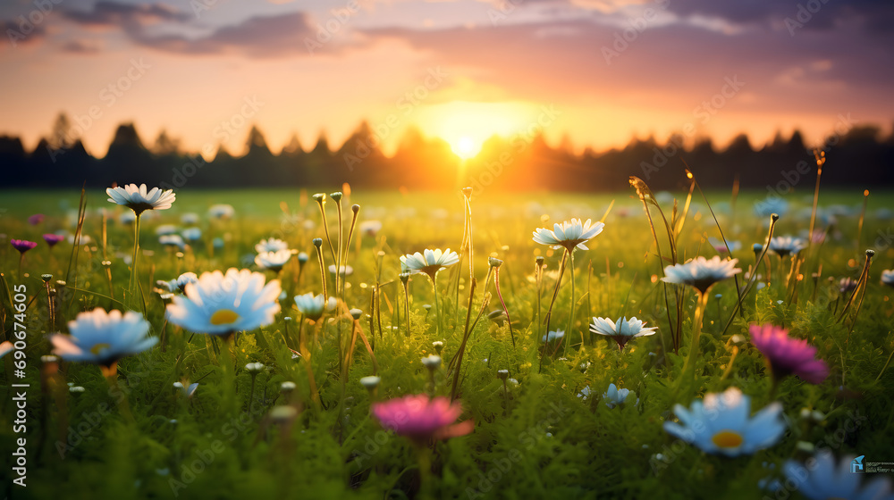 A vibrant sunrise over a spring meadow with dew on the grass and flowers.