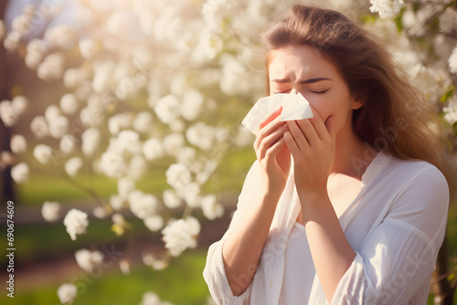 Pollen allergy concept with sneezing woman in fornt of blooming trees with white spring flowers photo