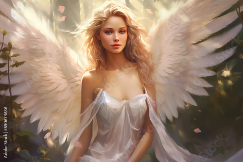 An angel comes to life in the ethereal strokes of oil painting, adorned with the holy golden light and magnificent wings, set against a background of glittering bokeh. Generative AI.