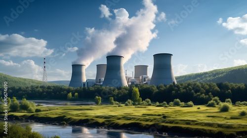 Nuclear Power Plant in the Countryside Produces Electricity