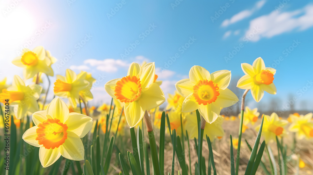 Bright yellow daffodils swaying in a gentle breeze on a sunny spring day.