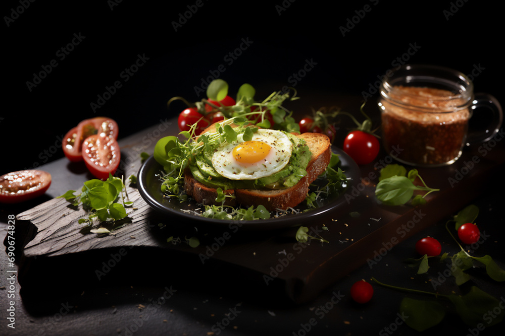 Breakfast avocado toast with fried egg, tomato, microgreens on dark background