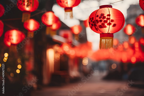 Red Chinese lanterns adorn the city streets, adding a festive glow to the New Year celebrations