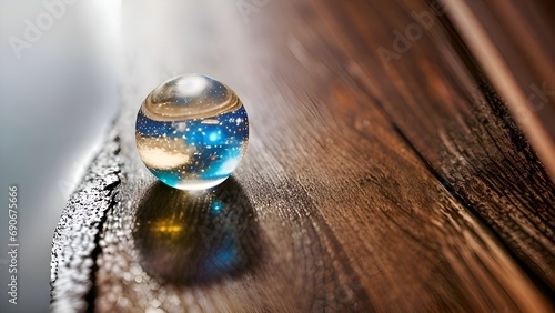a glass ball sitting on top of a wooden table. generative ai