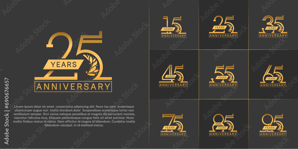 set of anniversary logotype golden color with ornament for special celebration event - obrazy, fototapety, plakaty 
