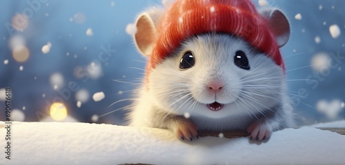 A cute hamster  in a cozy winter coat and a festive red stocking cap  explores a snowy playground filled with snow-covered rocks  bringing a smile to all who see.