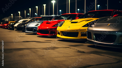 Group of sports cars parked at a car meet event under evening lights.